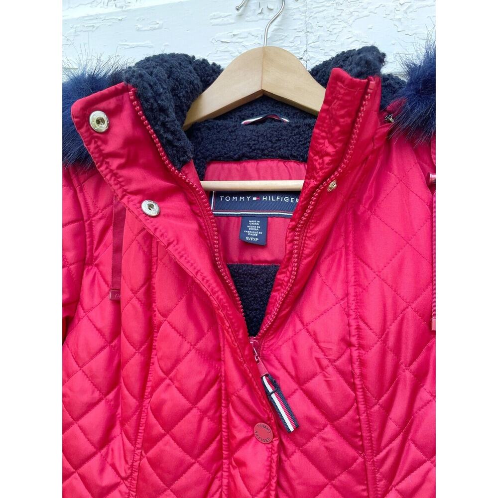 NEW Tommy Hilfiger Coat Womens S Red Quilted Hooded Parka Navy Shearling - Picture 7 of 7